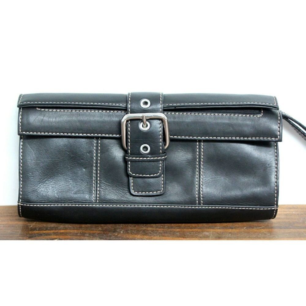 Apostrophe BLACK GENUINE LEATHER BUCKLE STITCHED CLUTCH HANDBAG WRISTLET 5.5x10"